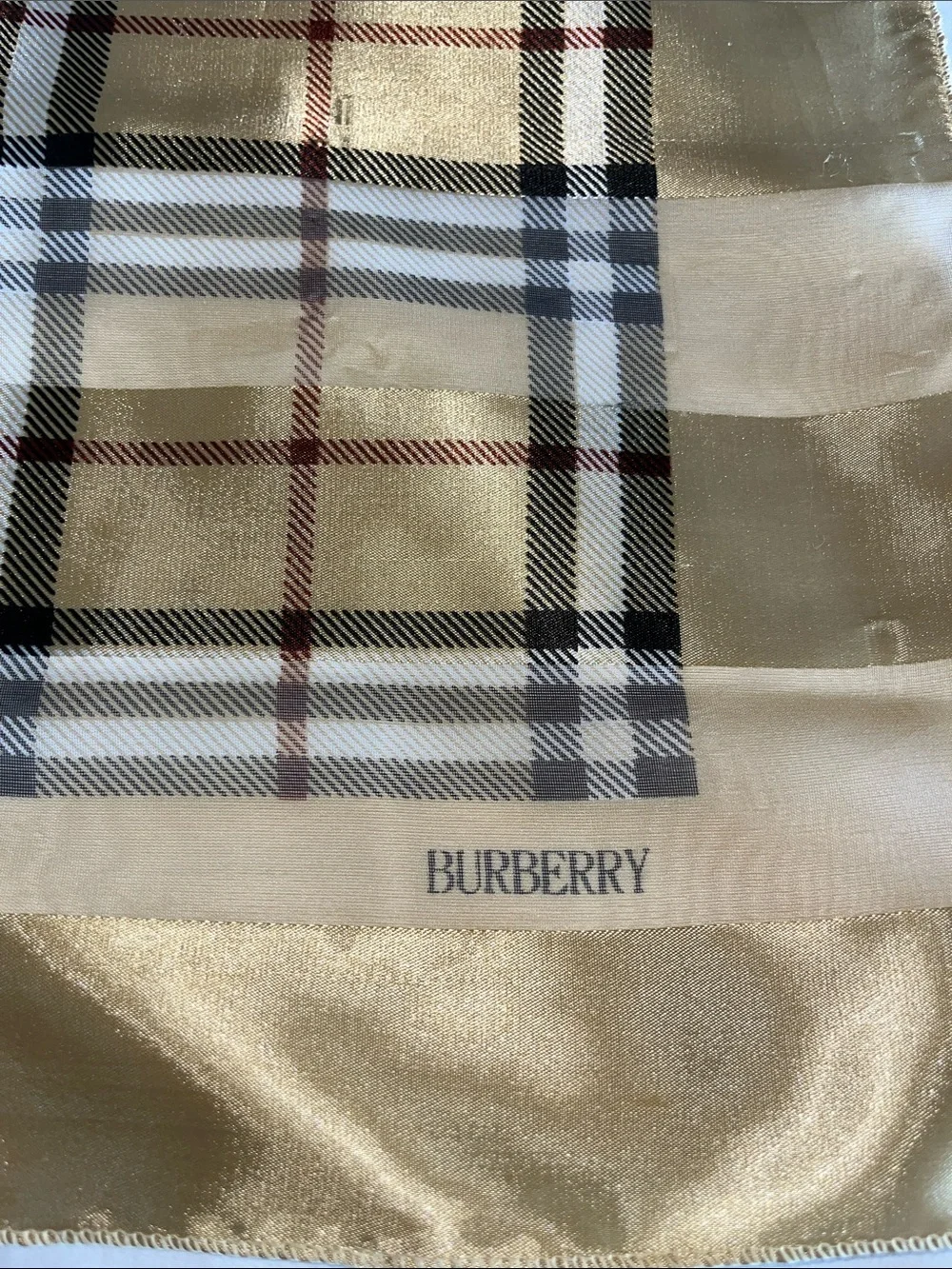 Burberry Gold and Beige Signature Plaid Silk Square Scarf - Picture 2 of 5